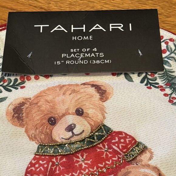TAHARI Christmas Teddy Bear 15" Round Placemats Beaded Set of 4 - Picture 3 of 5